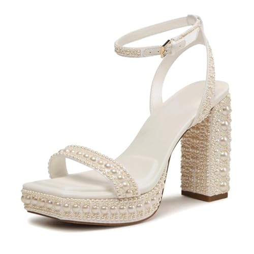 Womens Open Toe Pearl Platform Heels For Women Chunky Buckle Ankle Strap Wedding Heeled Sandals Dress Evening Bride Bridal Shoes