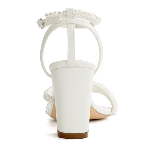 Block Heel Wedding Shoes for Bride Pearl Heels Open Toe Bridal Shoes Chunky Heel Wedding Sandals