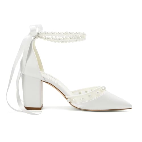 Wedding Shoes for Bride Block Heel Bridal Heels Closed Toe Pearl Heels Bridal Shoes