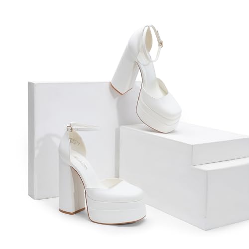 Women’s High Chunky Platform Closed Toe Block Heels Square Toe Ankle Strap Dress Wedding Party Pumps Shoes Aurelia