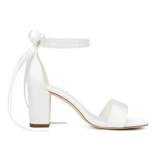 Block Heel Bridal Shoes Open Toe Wedding Shoes for Bride Pearl Heels Wedding Sandals