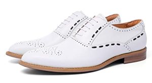 Mens White Oxfords Formal Dress Shoes - Genuine Leather Classic Round Toe Wingtip Brogue Lace Up Derby Shoes for Wedding