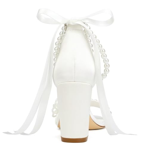 Pearl Heels Wedding Shoes for Bride Open Toe Bridal Shoes Block Heel Wedding Sandals