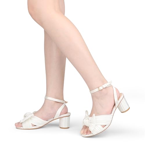 Women's Bow Knot Heeled Sandals Open Toe High Block Ankle Strap Chunky Heels Bride Wedding Shoes