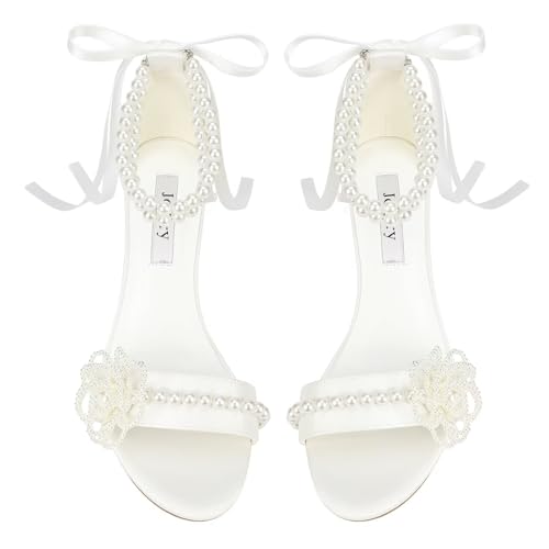 Pearl Heels Wedding Shoes for Bride Open Toe Bridal Shoes Block Heel Wedding Sandals