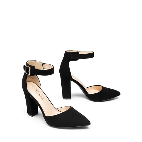 Women's Chunky High Heels Dress Pumps Closed Pointed Toe Block Ankle Strap Shoes for Wedding Party