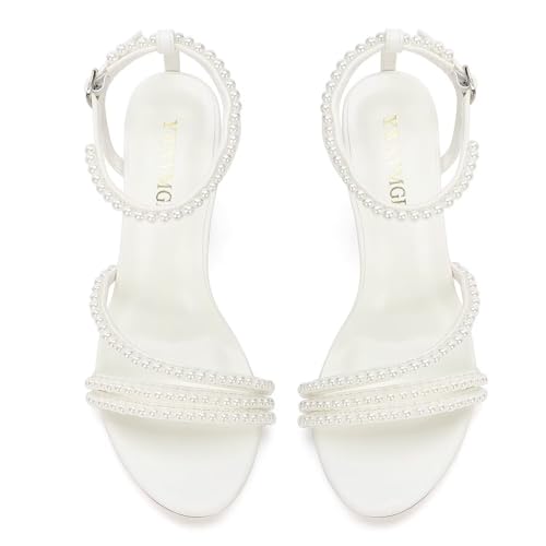 Block Heel Wedding Shoes for Bride Pearl Heels Open Toe Bridal Shoes Chunky Heel Wedding Sandals