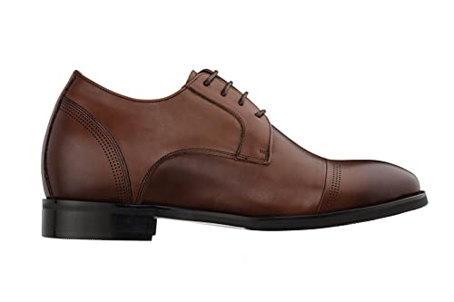 Men's Invisible Height Increasing Elevator Shoes - Dark Brown Premium Leather Lace-up Micro-Perforated Formal Derby Oxfords -