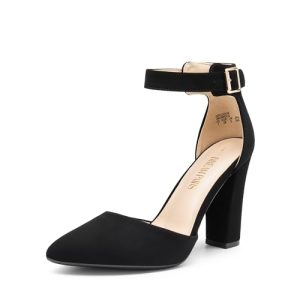 Women's Chunky High Heels Dress Pumps Closed Pointed Toe Block Ankle Strap Shoes for Wedding Party