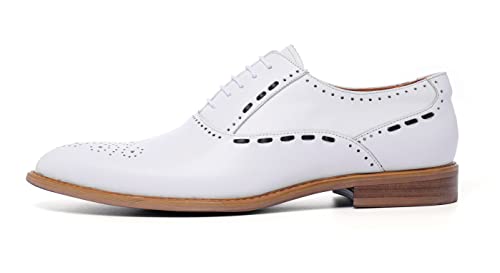Mens White Oxfords Formal Dress Shoes - Genuine Leather Classic Round Toe Wingtip Brogue Lace Up Derby Shoes for Wedding