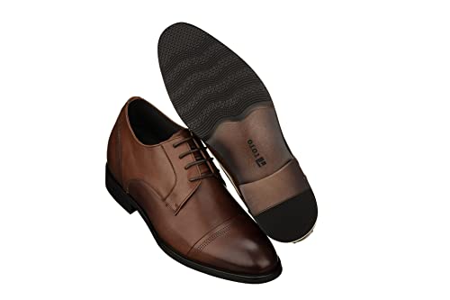 Men's Invisible Height Increasing Elevator Shoes - Dark Brown Premium Leather Lace-up Micro-Perforated Formal Derby Oxfords -