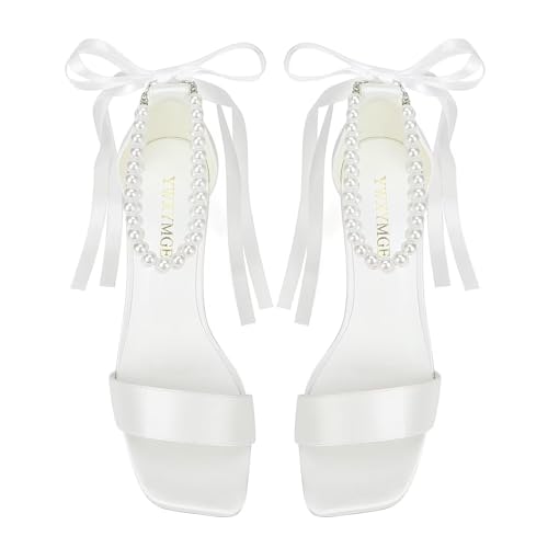 Block Heel Bridal Shoes Open Toe Wedding Shoes for Bride Pearl Heels Wedding Sandals