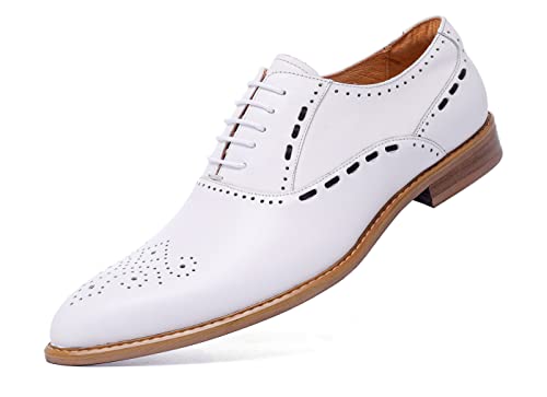 Mens White Oxfords Formal Dress Shoes - Genuine Leather Classic Round Toe Wingtip Brogue Lace Up Derby Shoes for Wedding