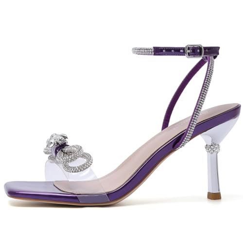 Women's Closed Toe Rhinstone Wedding Low Heel Slingback Clear Kitten Heels,Adjustable Strap Pointed Toe Bow Pumps High Heeled