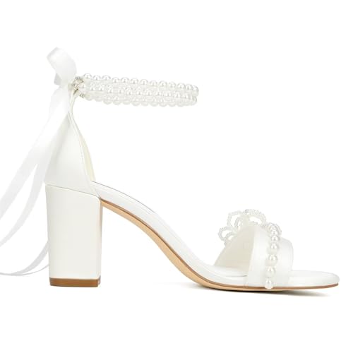 Pearl Heels Wedding Shoes for Bride Open Toe Bridal Shoes Block Heel Wedding Sandals