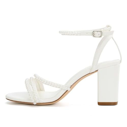 Block Heel Wedding Shoes for Bride Pearl Heels Open Toe Bridal Shoes Chunky Heel Wedding Sandals