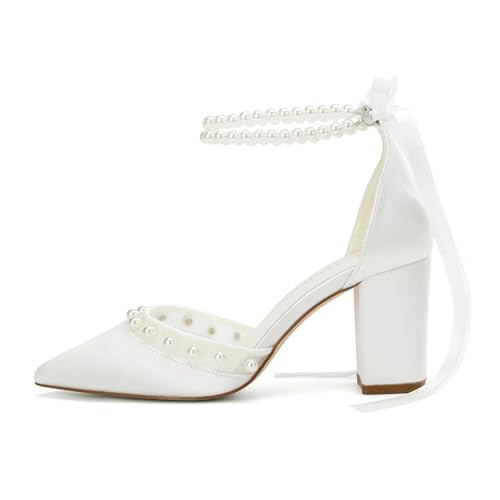 Wedding Shoes for Bride Block Heel Bridal Heels Closed Toe Pearl Heels Bridal Shoes