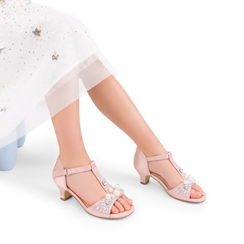 Girls Sandals Ankle Strap T-Strap Low Heel Pearl Bow Flower Pump Dress Wedding Party Shoes for Little Kid/Big Kid