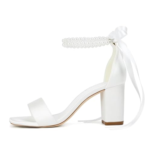 Block Heel Bridal Shoes Open Toe Wedding Shoes for Bride Pearl Heels Wedding Sandals