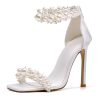 Women's Pearl Stiletto Heels Sandals Sexy Open Square Toe sparkly Ankle Back Zipper bridal Satin Wedding Party Dressy heels