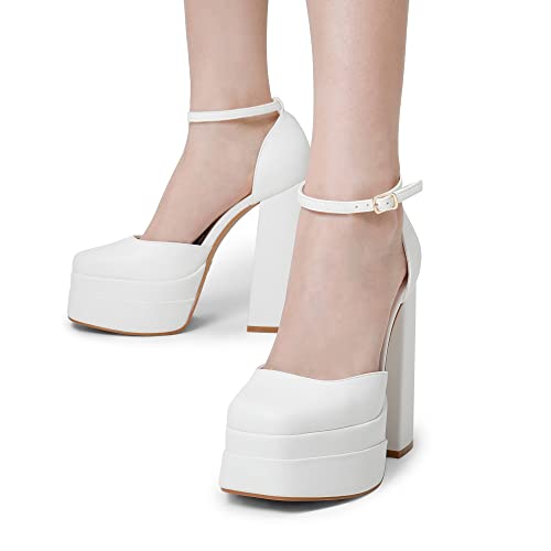 Women’s High Chunky Platform Closed Toe Block Heels Square Toe Ankle Strap Dress Wedding Party Pumps Shoes Aurelia