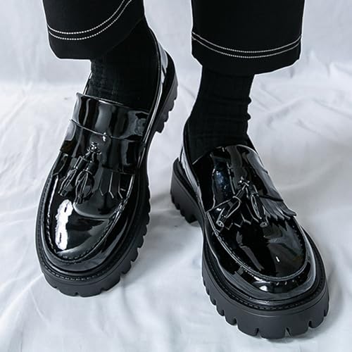 Tassel Loafers for Men's Patent Leather Platform Dress Shoes Chunky Block Heel Heighten Non-Slip Lug Sole Slip On Big Toe Formal
