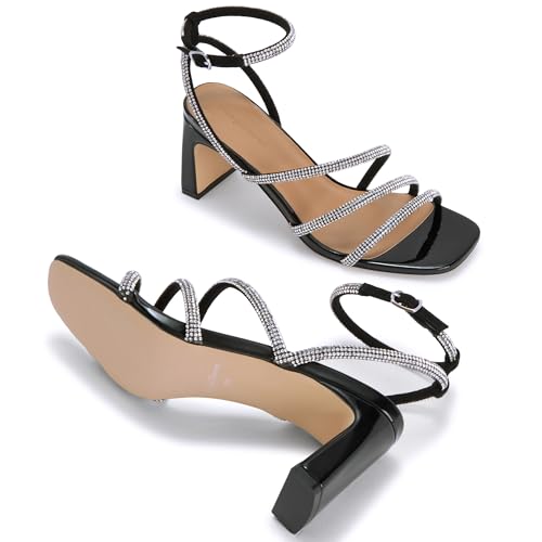 Womens Rhinestone Sandals Ankle Strap Square Toe Dressy Heels Shoes for Party Wedding Dressy Dating