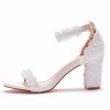 3.75 Inches Ankle Strap Block Heel Sandals WomenThick Chunky Heels Open Toe White Lace Bridal Wedding Sandals Shoes