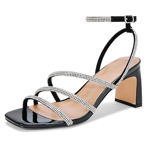 Womens Rhinestone Sandals Ankle Strap Square Toe Dressy Heels Shoes for Party Wedding Dressy Dating