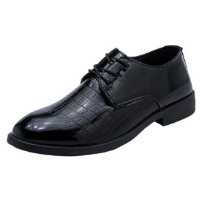 Dress Oxford Formal Shoes for Mens Lace-up Breathable Business Synthetic Leather Prom Wedding Slip Resistant Block Heel Rubber