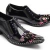 Men’s Patent Leather Floral‐Studded Dress Loafers – Pointed Toe Slip-On Cuban Heel Shoes for Wedding, Prom, Party, Stage &
