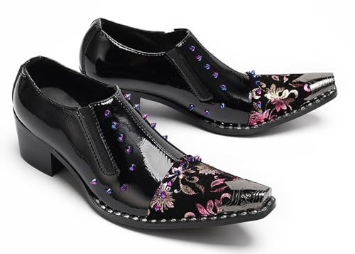 Men’s Patent Leather Floral‐Studded Dress Loafers – Pointed Toe Slip-On Cuban Heel Shoes for Wedding, Prom, Party, Stage &