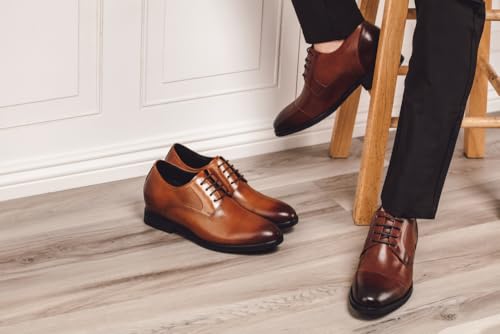 Men's Invisible Height Increasing Elevator Shoes - Dark Brown Premium Leather Lace-up Micro-Perforated Formal Derby Oxfords -
