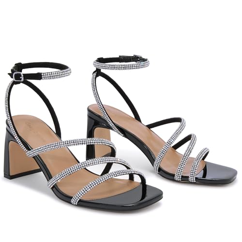 Womens Rhinestone Sandals Ankle Strap Square Toe Dressy Heels Shoes for Party Wedding Dressy Dating