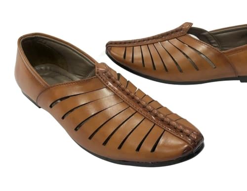 Mens Punjabi Jutti Style Tan Sherwani Shoes Loafers jalsa Jutti Men Groom Breathable Shoes