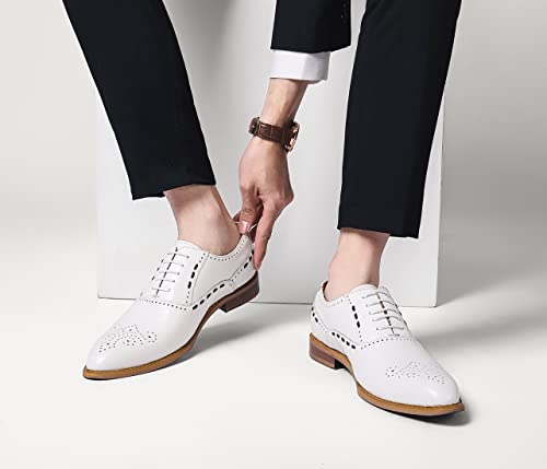 Mens White Oxfords Formal Dress Shoes - Genuine Leather Classic Round Toe Wingtip Brogue Lace Up Derby Shoes for Wedding