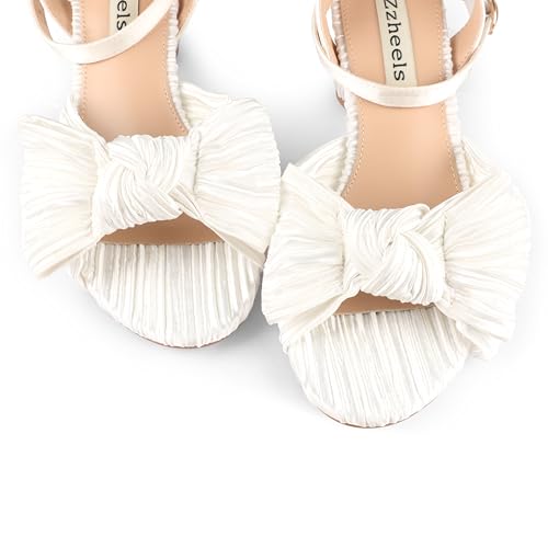 Women's Bow Knot Heeled Sandals Open Toe High Block Ankle Strap Chunky Heels Bride Wedding Shoes