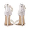 Women's Pearl Stiletto Heels Sandals Sexy Open Square Toe sparkly Ankle Back Zipper bridal Satin Wedding Party Dressy heels