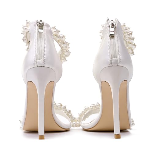 Women's Pearl Stiletto Heels Sandals Sexy Open Square Toe sparkly Ankle Back Zipper bridal Satin Wedding Party Dressy heels