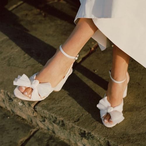 Women's Bow Knot Heeled Sandals Pleated Open Toe Ankle Strap Chunky Heels for Bride Wedding