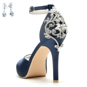 Lady Satin Dress Platform High Heels Wedding Sandals Crystal Back with Free Earrings
