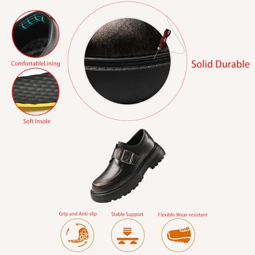 Men's Leather Monk Strap Platform Chunky Heel Loafers Retro Classic Round Toe Heightening Non Slip Lug Sole Slip on Business