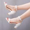 3.75 Inches Ankle Strap Block Heel Sandals WomenThick Chunky Heels Open Toe White Lace Bridal Wedding Sandals Shoes