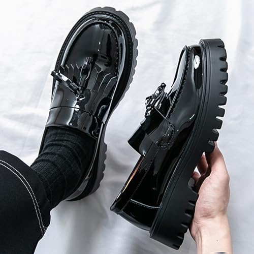 Tassel Loafers for Men's Patent Leather Platform Dress Shoes Chunky Block Heel Heighten Non-Slip Lug Sole Slip On Big Toe Formal