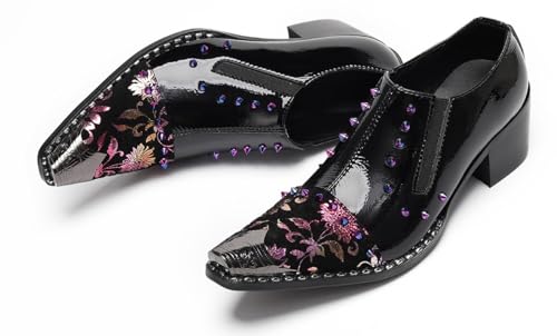 Men’s Patent Leather Floral‐Studded Dress Loafers – Pointed Toe Slip-On Cuban Heel Shoes for Wedding, Prom, Party, Stage &