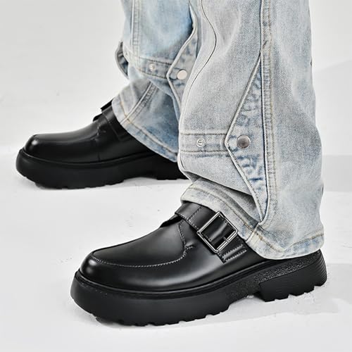 Men's Leather Monk Strap Platform Chunky Heel Loafers Retro Classic Round Toe Heightening Non Slip Lug Sole Slip on Business