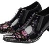 Men’s Patent Leather Floral‐Studded Dress Loafers – Pointed Toe Slip-On Cuban Heel Shoes for Wedding, Prom, Party, Stage &