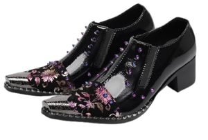 Men’s Patent Leather Floral‐Studded Dress Loafers – Pointed Toe Slip-On Cuban Heel Shoes for Wedding, Prom, Party, Stage &
