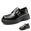 Men's Leather Monk Strap Platform Chunky Heel Loafers Retro Classic Round Toe Heightening Non Slip Lug Sole Slip on Business