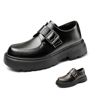 Men's Leather Monk Strap Platform Chunky Heel Loafers Retro Classic Round Toe Heightening Non Slip Lug Sole Slip on Business